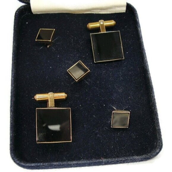 David Donahue Cufflinks Black Onyx Gold Tone Shirt Button Set Formal Tux Vintage - Picture 16 of 16